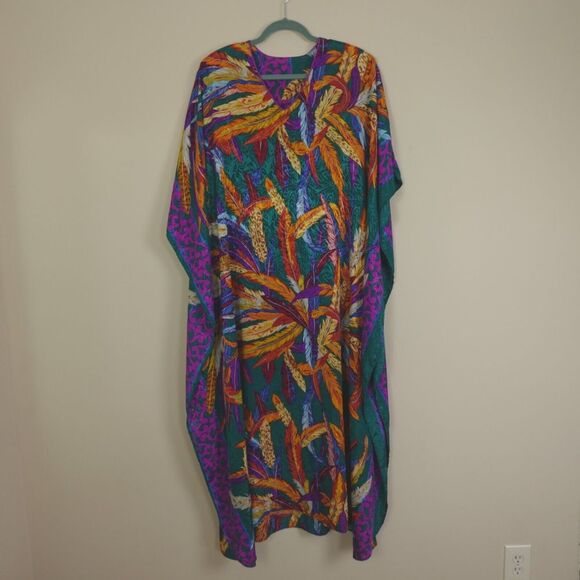 Vintage Kaftan Dress Women One Size Feather All Over Print Multi Maximalist Boho - Picture 1 of 16